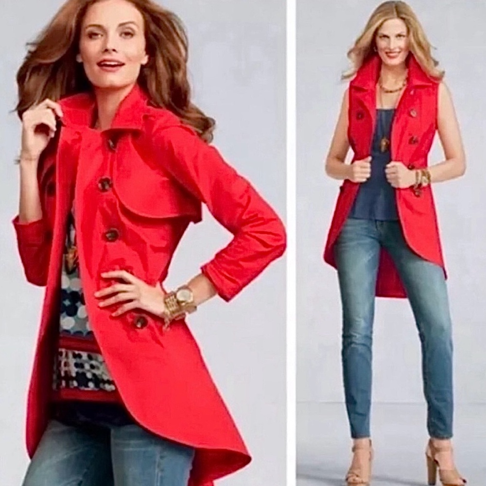 CAbi Convertible Poppy Red Coral Trench Coat Vest Jacket #334 Women’s Size 14